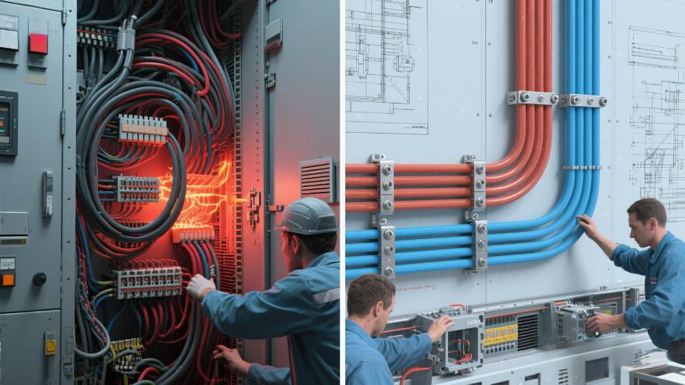 Side-by-side diagram comparing a complex cable setup vs a streamlined busbar system