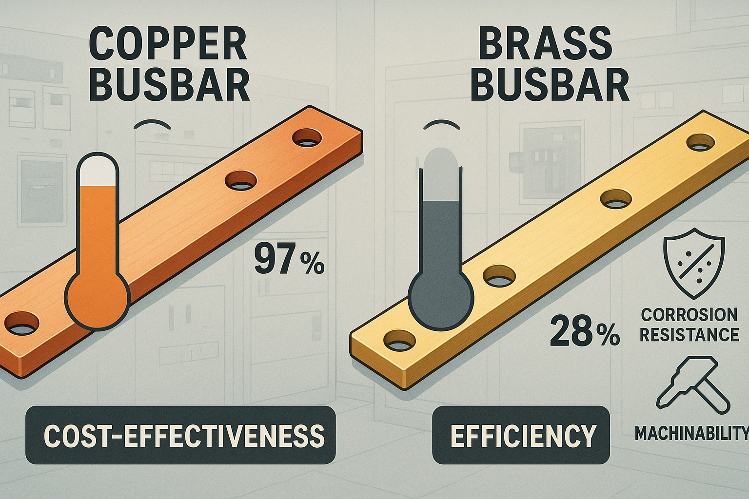 Copper and brass busbar samples side by side