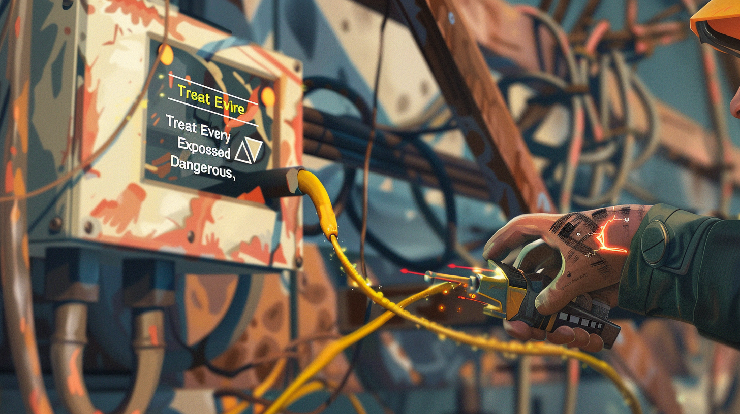 Damaged electrical cord with exposed copper wires