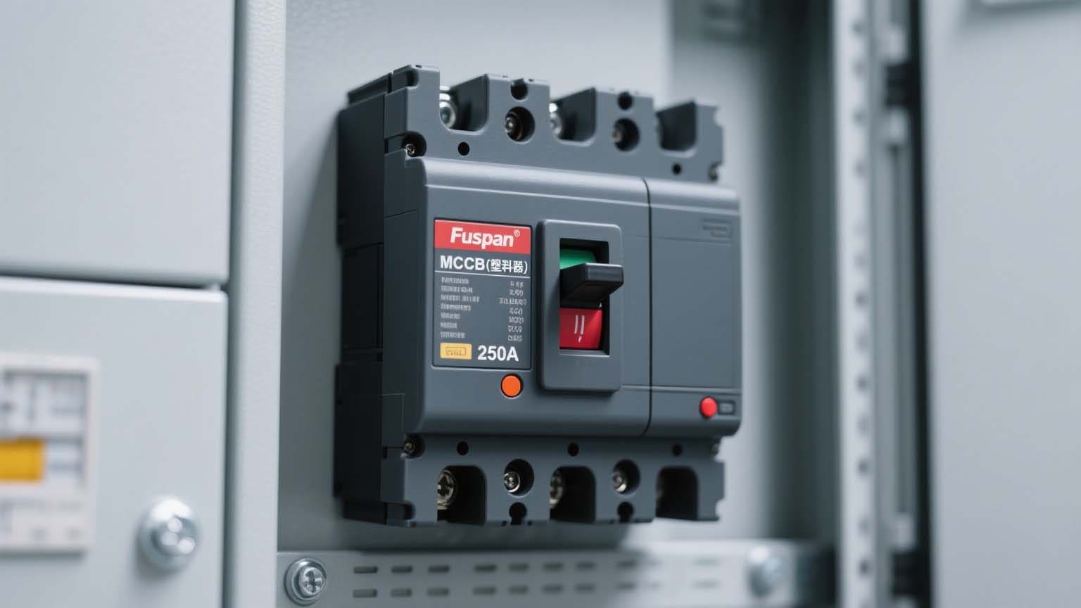 Close-up of MCCB showing rating information and controls