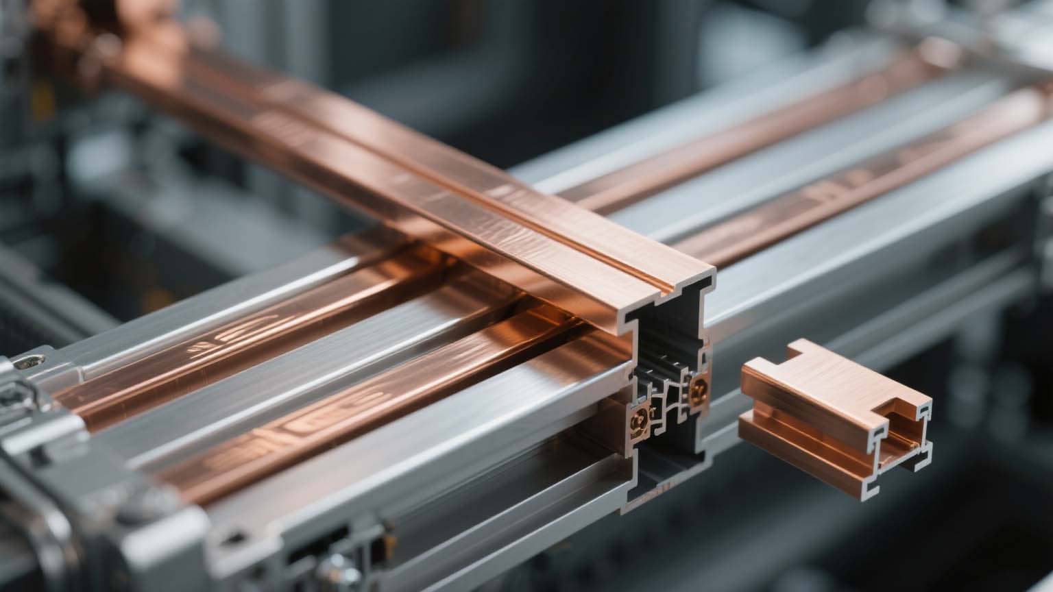 Close-up of distribution busbar system with multiple connection points