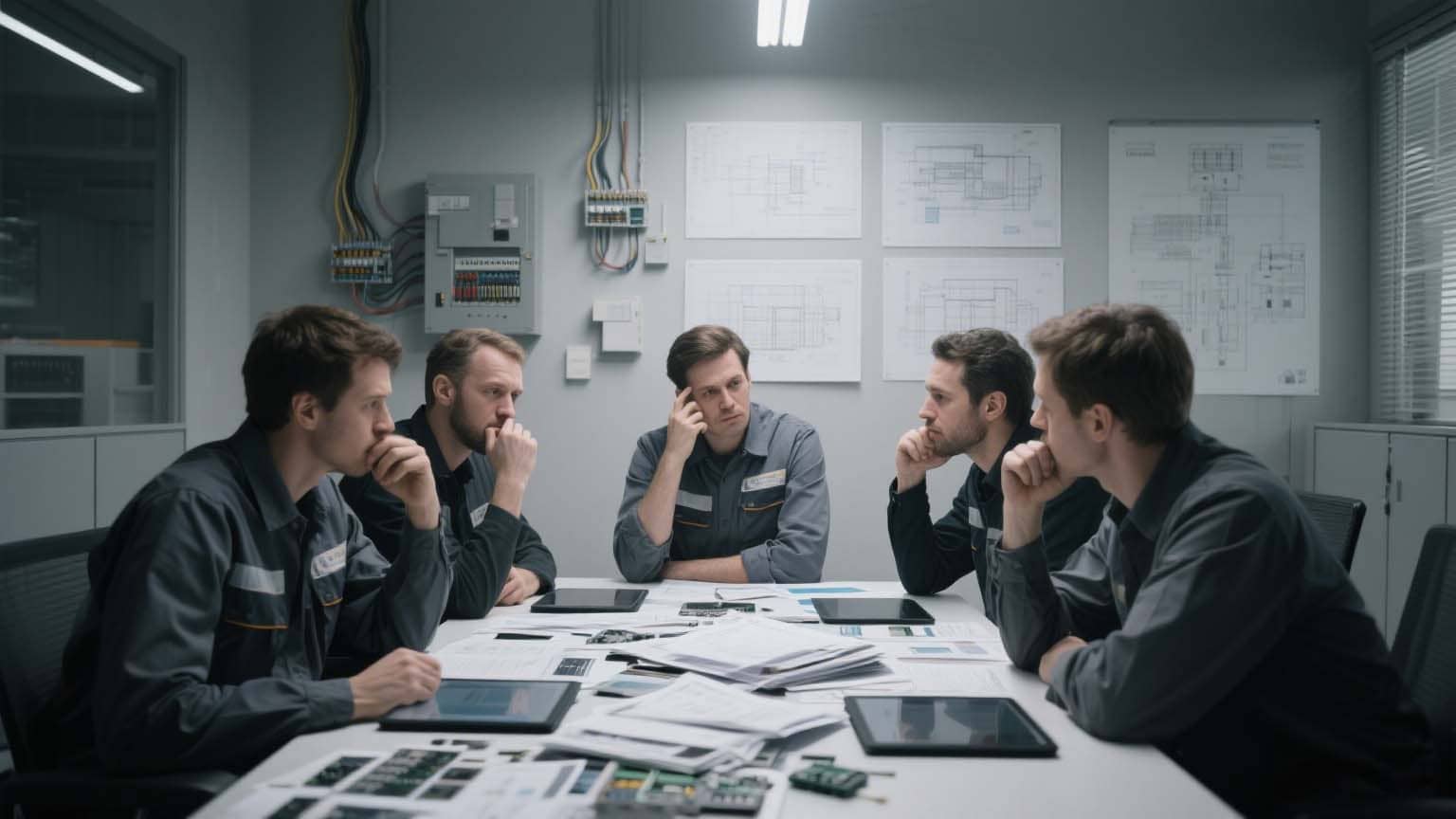 Engineer explaining copper pan assembly details to maintenance team