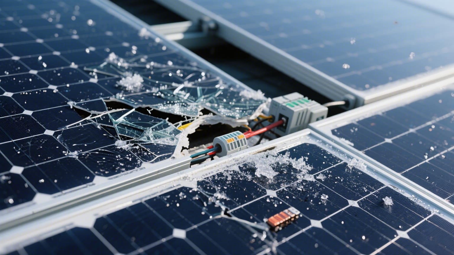 Damaged solar panel from electrical fault