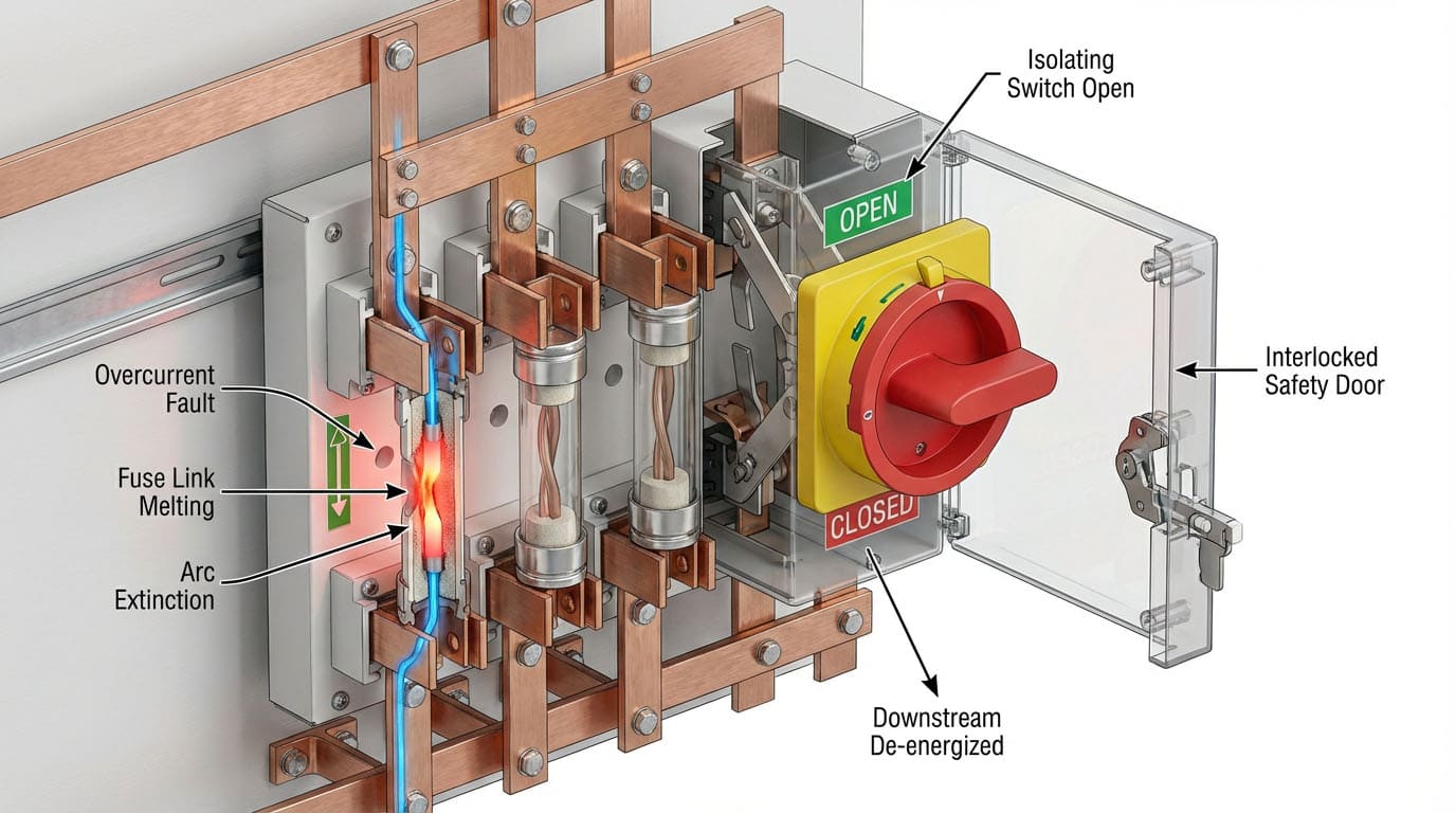 Detailed view of fuse switch disconnector components showing fuse holder and switch mechanism