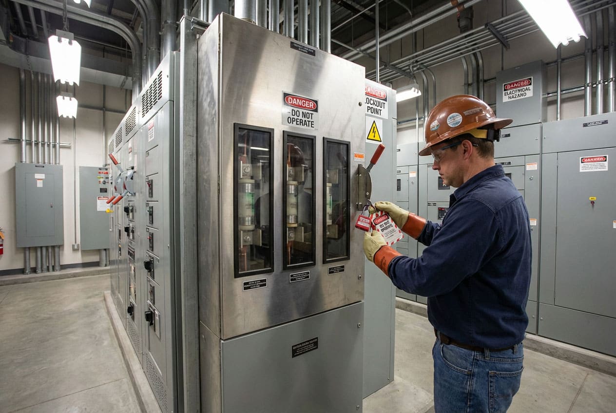 Locked-out fuse switch disconnector with safety tag during maintenance